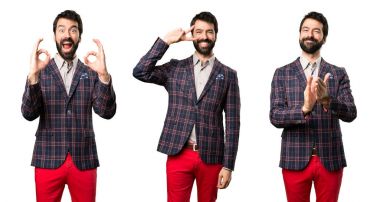  Set iyi giyinmiş adam zafer jest yapma