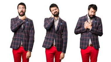 Set iyi giyinmiş adam boyun ağrısı, heartpain ve boğulma