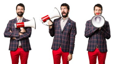  Set iyi giyinmiş bir megafon tutan adam