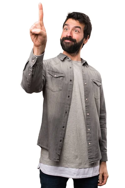 Knappe man met baard aanraken op transparante scherm op wit — Stockfoto