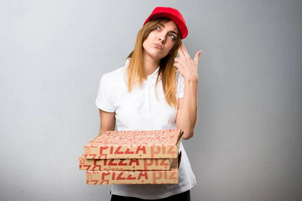 Pizza delivery woman making suicide gesture on textured backgrou