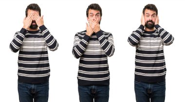 Onun ağız, kulaklar ve gözler kapsayan sakallı adam ayarla