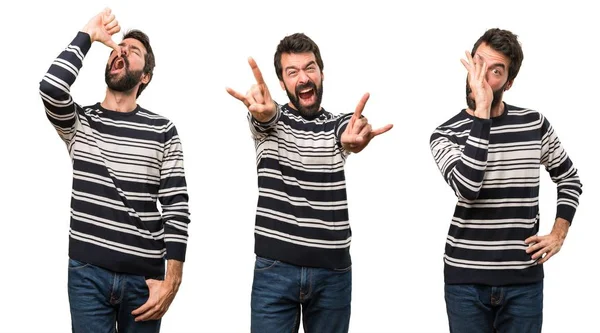 Set van Man met baard aanfluiting gebaar maken — Stockfoto