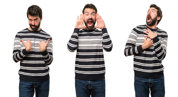 Set van Man met baard verrassing gebaar maken — Stockfoto