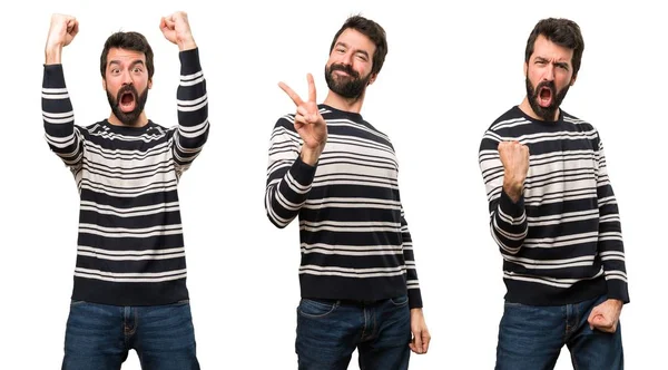 Set of Man with beard making victory gesture — Stock Photo, Image