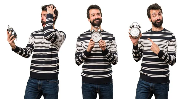 Set of Happy Man with beard holding vintage clock — Stock Photo, Image