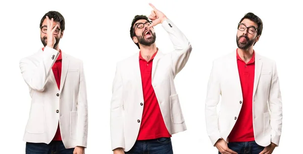 Uppsättning av brunett man med glasögon att göra ett skämt — Stockfoto