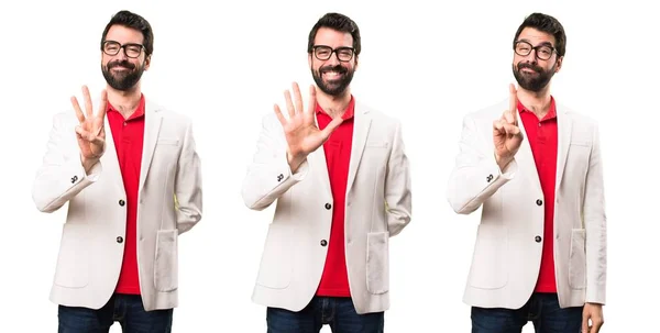 Conjunto de hombre morena con gafas contando cinco, tres y uno —  Fotos de Stock