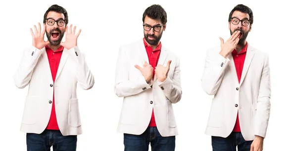 Set of Brunette man with glasses making surprise gesture — Stock Photo, Image