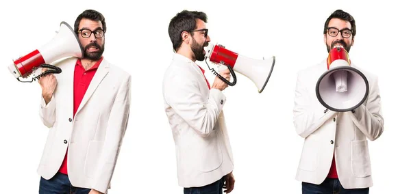Ensemble de Brunette homme avec des lunettes tenant un mégaphone — Photo