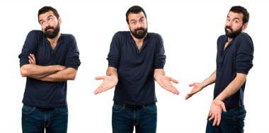 Önemsiz bir jest yapma sakallı yakışıklı adam ayarla