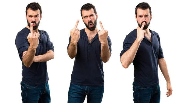 Conjunto de homem bonito com barba fazendo gesto chifre — Fotografia de Stock