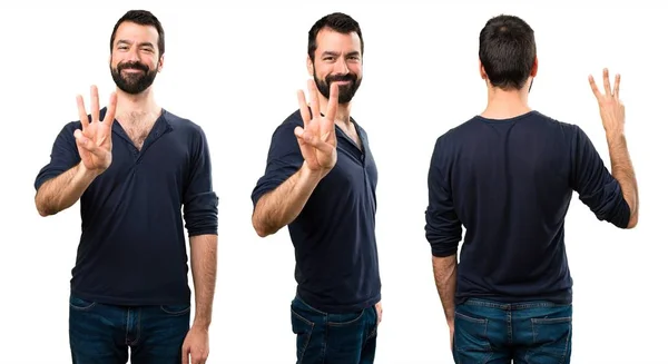 Aantal knappe man met baard tellen drie — Stockfoto