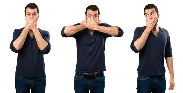 Conjunto de hombre guapo con barba cubriéndose la boca —  Fotos de Stock