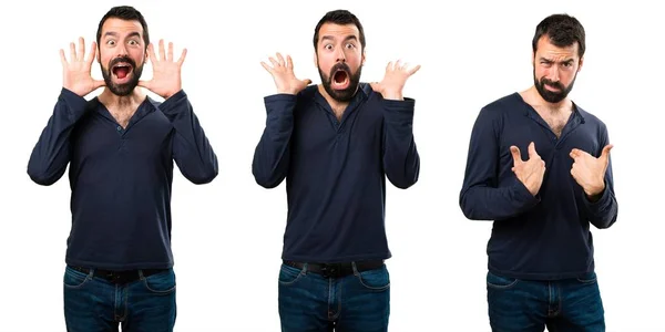 Set van knappe man met baard verrassing gebaar maken — Stockfoto