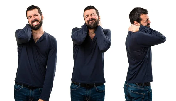 Ensemble de bel homme avec barbe avec douleur au cou — Photo