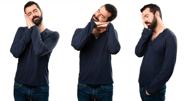 Conjunto de hombre guapo con barba haciendo gesto de sueño — Foto de Stock