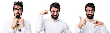 Handsome man with glasses making crazy gesture and sad sign clipart
