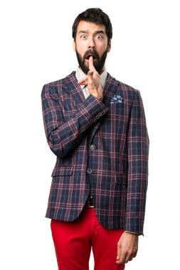 İyi giyimli adam yapma intihar jest beyaz arka plan üzerinde