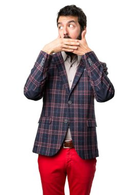 İyi giyimli adam yapma sürpriz jest beyaz arka plan üzerinde