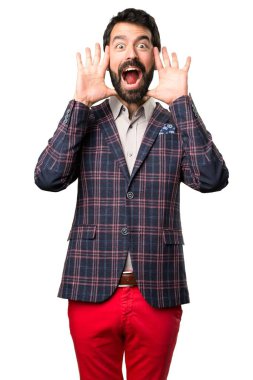 İyi giyimli adam yapma sürpriz jest beyaz arka plan üzerinde