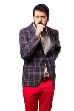 İyi giyimli adam çok beyaz zemin üzerine öksürük