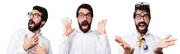 Handsome man with glasses making surprise gesture — Stock Photo, Image