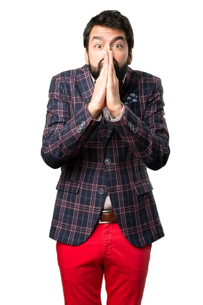 Hombre bien vestido suplicando sobre fondo blanco — Foto de Stock