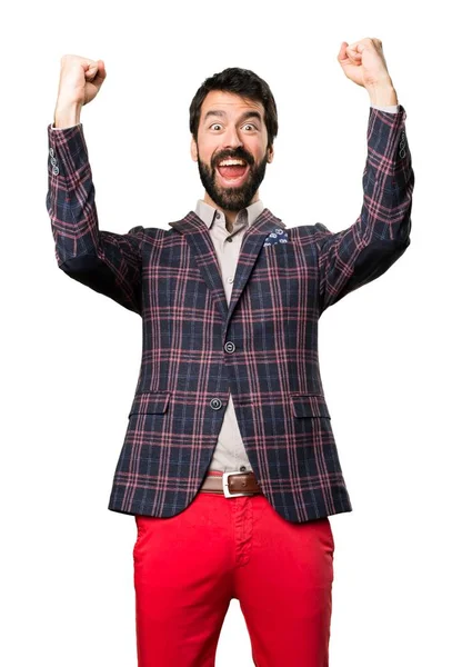 Afortunado hombre bien vestido sobre fondo blanco — Foto de Stock