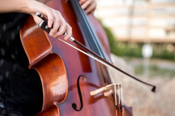 Detalle de niña con su violonchelo en el exterior — Foto de Stock