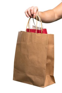 Alışveriş çantası izole beyaz arka plan üzerinde tutan el