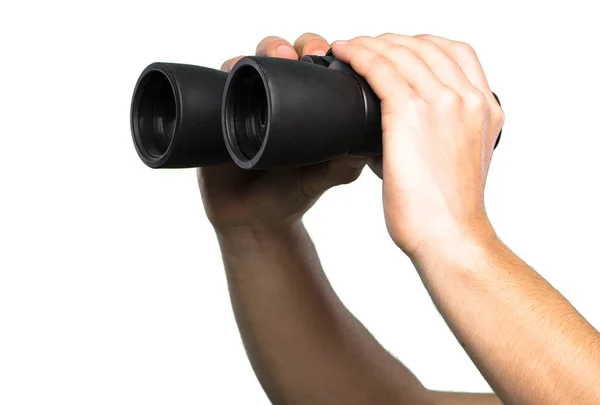 Tangan memegang Binoculars atas latar belakang putih yang terisolasi — Stok Foto