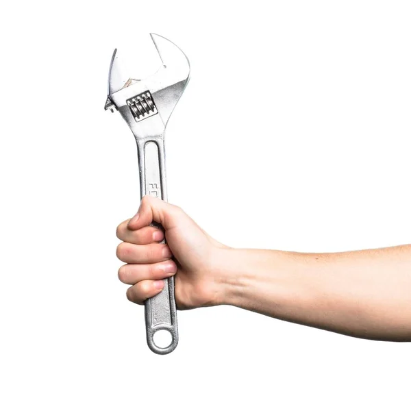 Hand holding Wrench over isolated white background — Stock Photo, Image