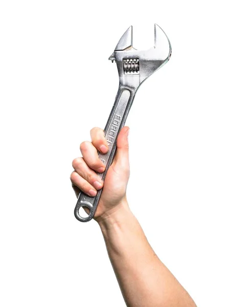 Hand holding Wrench over isolated white background — Stock Photo, Image