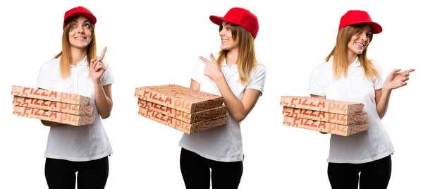 Uppsättning av Pizza leverans kvinna som pekar tillbaka, upp och laterala — Stockfoto