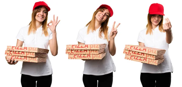 Uppsättning av Pizza leverans kvinna gör seger gest — Stockfoto