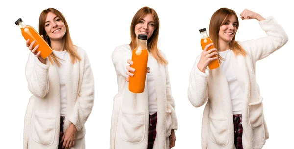 Set of Young woman in dressing gown holding an orange juice — Stock Photo, Image