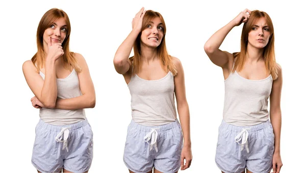 Conjunto de menina bonita em pijama com dúvidas — Fotografia de Stock