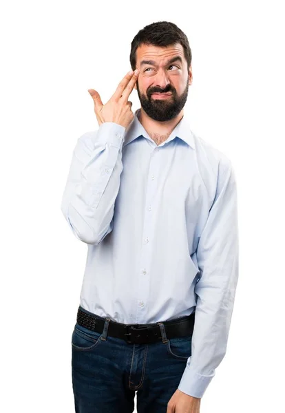 Homem bonito com barba fazendo gesto de suicídio — Fotografia de Stock
