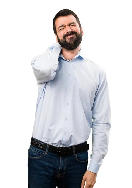 Homem bonito com barba com dor no pescoço — Fotografia de Stock