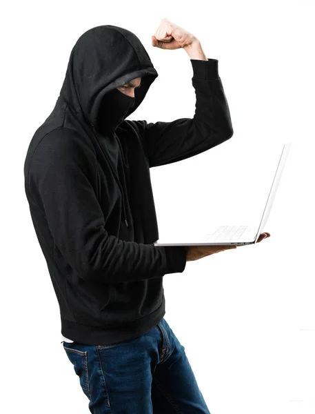 Lucky hacker dengan komputer pada latar belakang putih terisolasi — Stok Foto