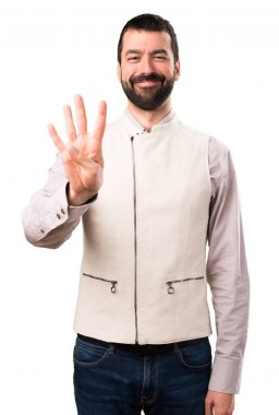 Dört izole beyaz zemin üzerine sayma yelek ile yakışıklı adam