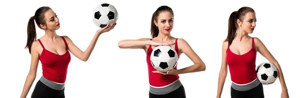Гарненька спортивна жінка тримає футбольний м'яч — стокове фото