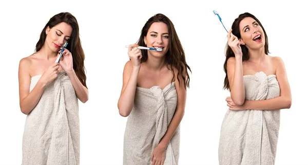 Set of Young woman in bath towel with toothbrush — Stock Photo, Image