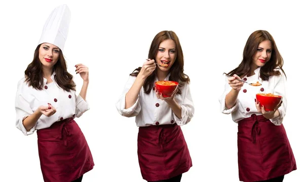 Zestaw piękna kobieta kucharz jedzenie zbóż z miski — Zdjęcie stockowe