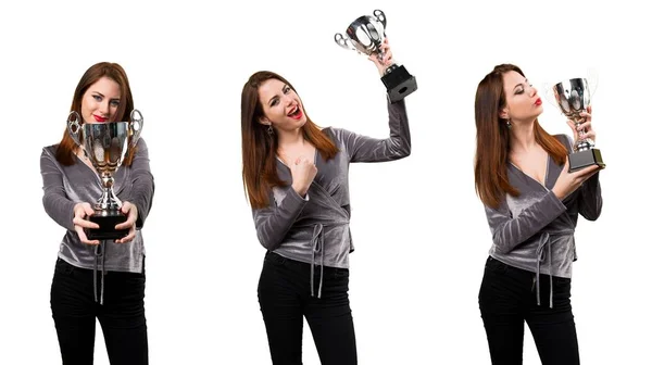 Set di Bella ragazza con in mano un trofeo — Foto Stock