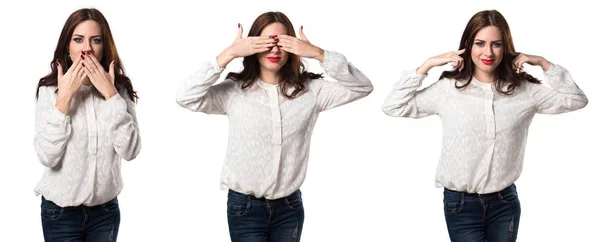 Conjunto de bela menina cobrindo seus olhos, boca e ouvidos — Fotografia de Stock