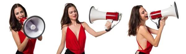 Menina bonita gritando por megafone — Fotografia de Stock