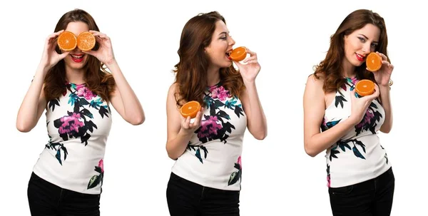 Set di Bella ragazza con arance in mano — Foto Stock