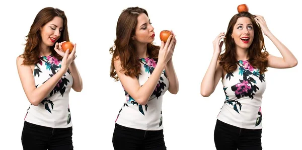 Set of Beautiful young girl with an apple — Stock Photo, Image